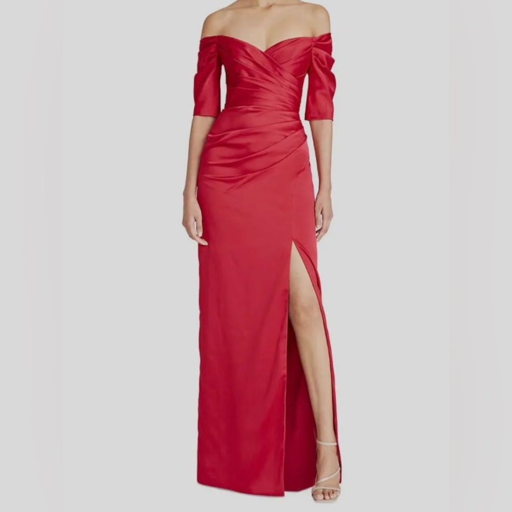 Theia Off-Shoulder Red Satin Maxi Gown with High Slit